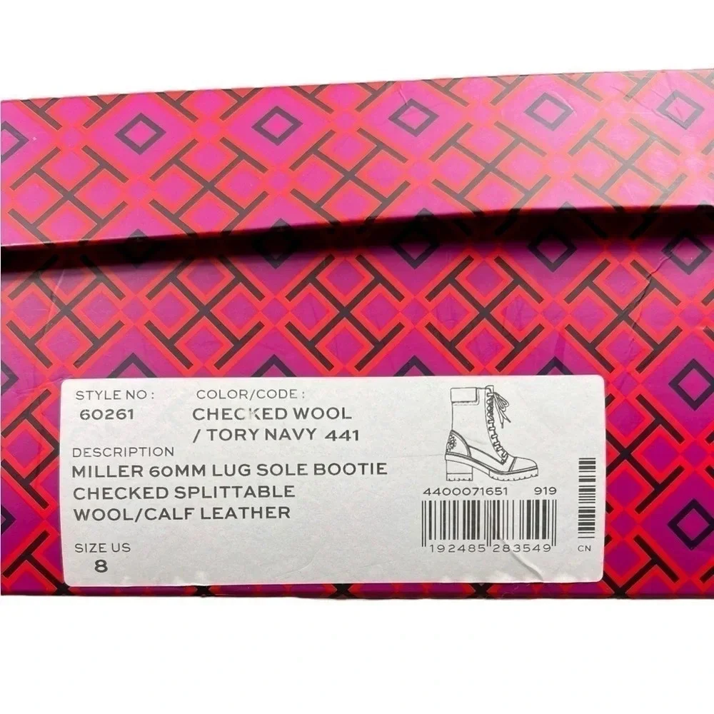 Tory Burch Womens Boots Miller 60MM Checked Wool Calf Leather Navy Size 8